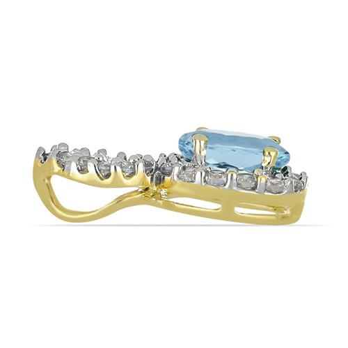 BUY 14K GOLD NATURAL AQUAMARINE GEMSTONE HALO PENDANT WITH WHITE DIAMOND